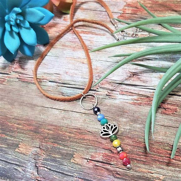 Artisan Hand Crafted Necklace Chakras Rainbow Color Silver Lotus Faux Suede Cord - Picture 7 of 9